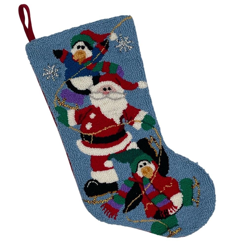 VINTAGE Christmas Stocking Wool Acrylic Carson Pirie Santa Penguins Needlepoint